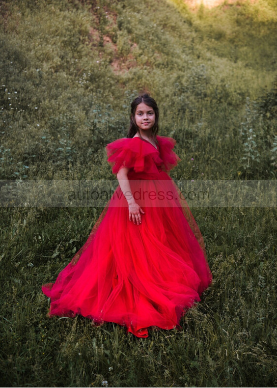 V Neck Red Pleated Tulle Corset Back Flower Girl Dress